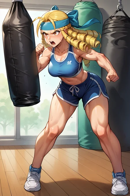 score_9, score_8_up, score_7_up, score_6_up, source_anime, BREAK 1girl, solo <lora:sfkarin-pdxl-nvwls-v1-000006:1> sfkarin, blonde hair, drill hair, hair bow, sports bra, headband, dolphin shorts, gym, punching, serious, open mouth, sweat, punching bag, sneakers, standing, clenched hands