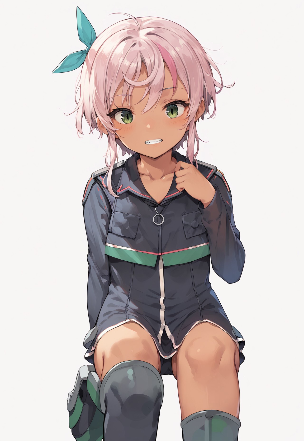 score_9, score_8_up, score_7_up, source_anime, uit-24 (kancolle), black vest, sidelocks, teeth, long sleeves, bare legs, thigh boots, bare arms, collarbone