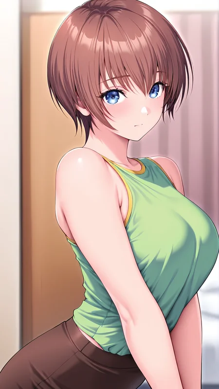 amazing quality,absurdres,best quality,masterpiece,highres,newest,detailed,detailed body,detailed face,masterpiece,best quality,solo,
binikuyuki,1girl,solo,brown hair,short hair,pencil skirt,blue eyes,green t-shirt,sleeveless,bare shoulders,<lora:binikuyuki:0.8>,