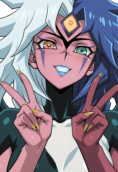 <lora:Yubel:1> multicolored hair, Yubel_GX, claws, 1girl,heterochromia,, blue lips, facial markings,  third eye, (solo), split-color hair, two-tone hair, multicolored hair, colored skin, Pale Violet Red skin, muted skin, dusty pink skin,monster girl, clawed hand  demon girl,  BREAK
detailed face,  (yu-gi-oh, yu-gi-oh art style, Takahiro Kagami style), (SFW),
masterpiece,best quality,amazing quality,  (glossy lips, plush lips),
simple white background, looking at viewer, close-up, headshot, double v, grin, happy, cute, light blush, head tilt,