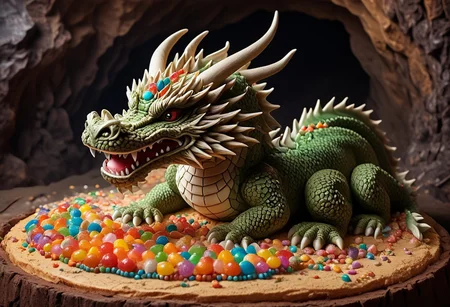 lazypos, asian dragon made of cake, realistic, breath of fire, , mystical cave background, candy jewels spilling from the cave mouth