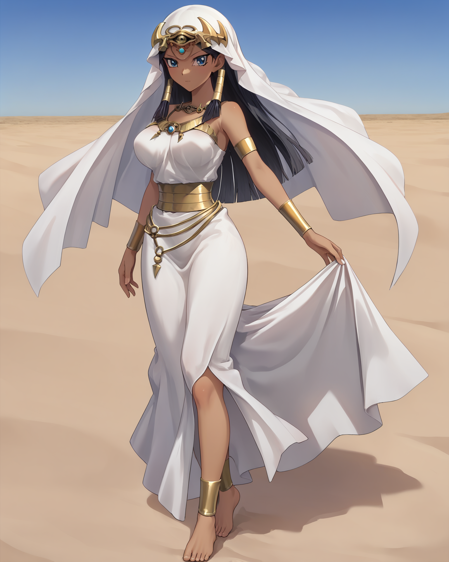 score_9, score_8_up, score_7_up, source_anime, best quality, masterpiece, 2d, intricate details, official style, anime, 4k, anime style,
1girl, solo, female, long hair, blue eyes, black hair, hair tubes, dark skin, dark-skinned female,
breasts, large breasts,
dress, jewelry, sleeveless, white dress, veil, armlet, bracer, forehead jewel, egyptian, egyptian clothes, eye of horus,
full body, standing, cowboy shot, foreshortening, looking at viewer, desert, sand, horizon, <lora:Ishizu_Ishtar1024_Pony:1>, ishizu ishtar, yu-gi-oh!,
