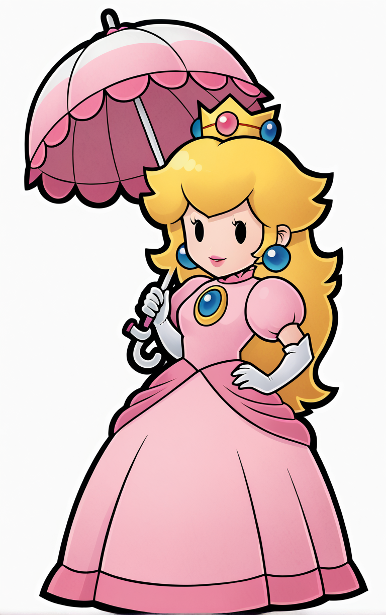 score_9, score_8_up, score_7_up, looking at viewer,  BREAK
Umbrella_PaperPeech_ownwaifu, 
princess peach, 1girl, blonde hair, umbrella, pink dress, long hair, elbow gloves, crown, jewelry, earrings, parasol, lipstick, chibi, outline, gem, white gloves, long dress, puffy short sleeves, solid oval eyes
(contrapposto, hand on hip),
<lora:PONYXL_PaperPeech_ownwaifu:0.8>