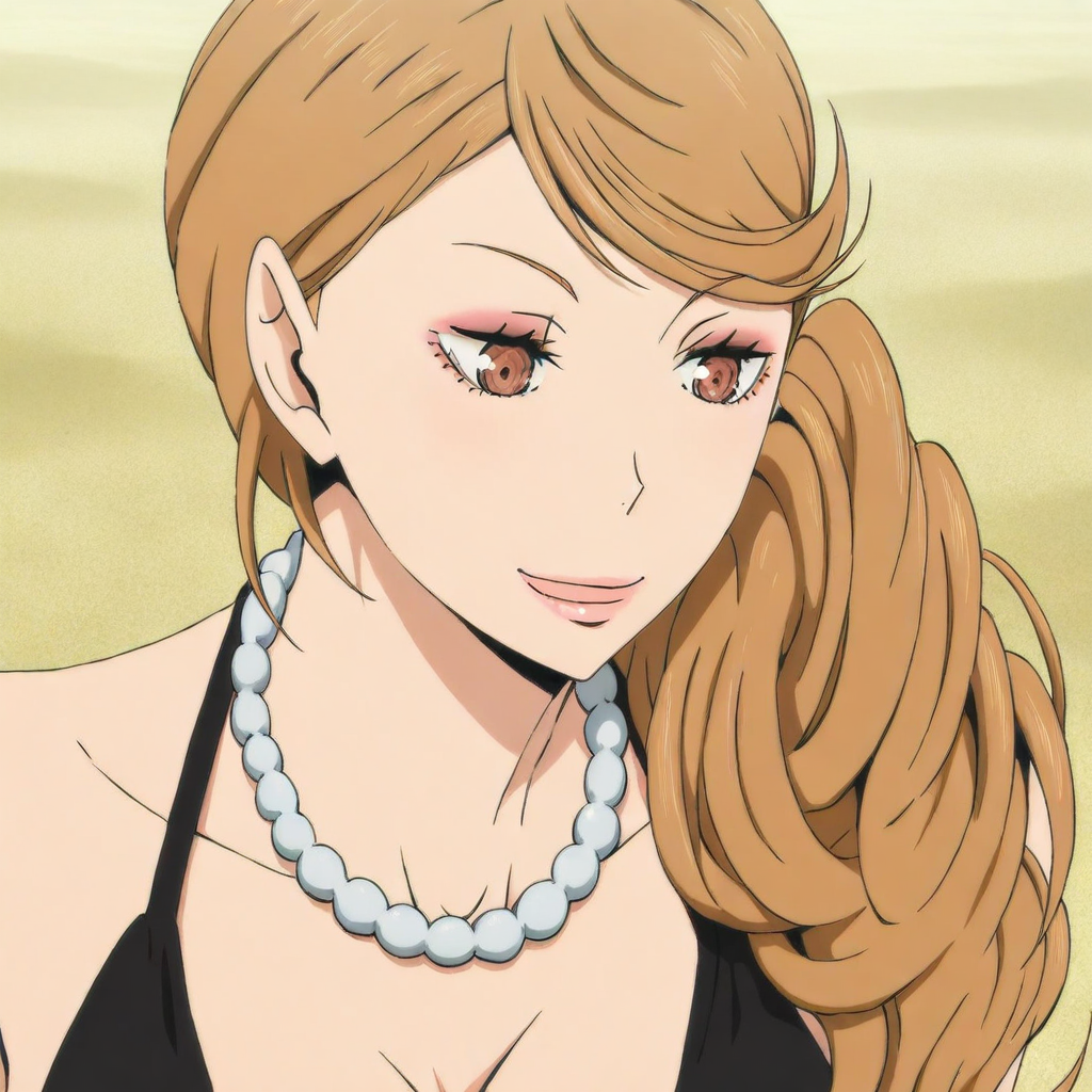 madoka yachi \(haikyuu\), light brown hair, long hair, ponytail, brown eyes, earrings, pearl necklace, black bikini, cleavage, large breasts, 1girl, solo, sitting at beach, smiling, anime screencap, simple background, masterpiece