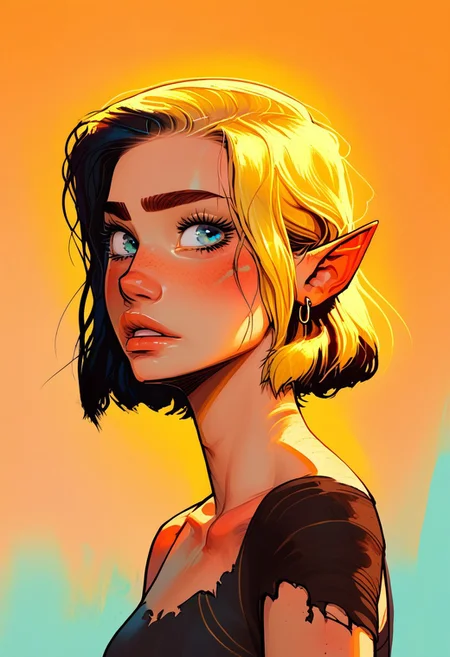 score_9, score_8_up, score_7_up, score_6_up, source_anime, 4LFI3V1,s1_dram,alfie, blue eyes, halfling, pointy ears, shortstack, incase, skinny neck, round face, freckles, bob cut, blonde hair, earrings, perfect eyes, green eyes, Egyptian rags, torn clothing, SFW, dynamic shot, dynamic angle, dynamic lighting, simple background, back lighting,