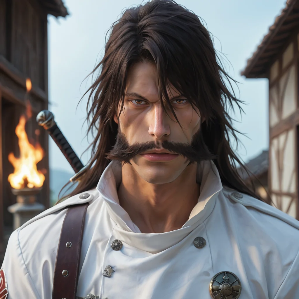score_9, score_8_up, score_7_up, score_6_up, score_5_up, score_4_up, masterpiece, high quality, detailed
1man, long black hair, dark brown hair, huge mustache, pronounced cheekbones, long nose, thin eyebrows, white boots, brown eyes, maroon-black cloak, broad chin, white uniform, close-up, upper body, <lora:yhwach:1> looking to the side, mysterious, holding a sword , weapon, Wrecked village, walking, (surrounded by big fire:1.1) big flame, broken, destroyed