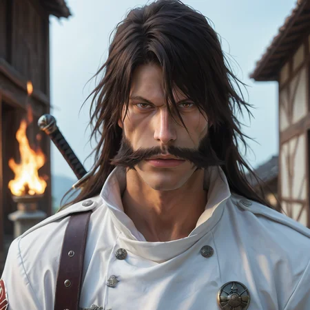 score_9, score_8_up, score_7_up, score_6_up, score_5_up, score_4_up, masterpiece, high quality, detailed
1man, long black hair, dark brown hair, huge mustache, pronounced cheekbones, long nose, thin eyebrows, white boots, brown eyes, maroon-black cloak, broad chin, white uniform, close-up, upper body, <lora:yhwach:1> looking to the side, mysterious, holding a sword , weapon, Wrecked village, walking, (surrounded by big fire:1.1) big flame, broken, destroyed