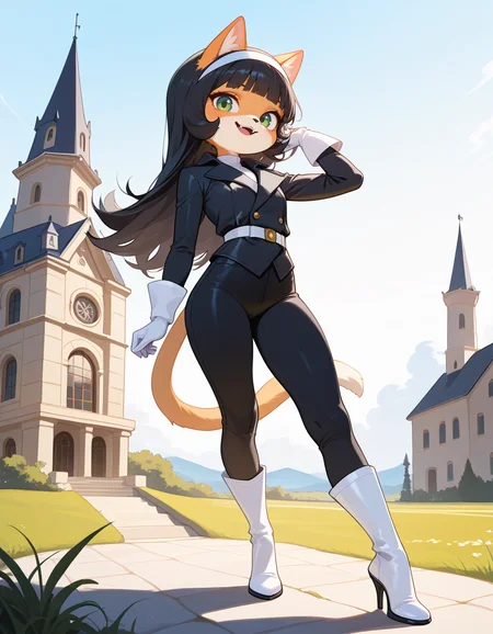 masterpiece, best quality, very aesthetic, absurdres,
outdoors, posing, 
white gloves, white high heel boots, black pants, black jacket, long sleeves, 
smile, parted lips, fangs, 
<lora:Kitty_Katswell_v01_NAIXL:1>
K1tty_Kat6w3311, 1girl, solo, furry, furry female, animal ears, long hair, black hair, hairband, blunt bangs, flipped hair, green eyes, animal nose, body fur, orange fur, cat tail,