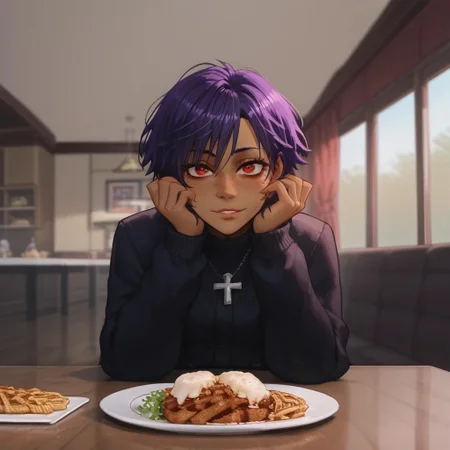 , , Expressiveh, ng_deepnegative_v1_75t,score_9, score_8_up, score_7_up, laser_blast,  short hair, purple hair, red eyes, black turtleneck, cross necklace, tan skin, cute, mischevious, pov date, across table pov, sitting, across table, food on table, restaurant, servers, waiters,