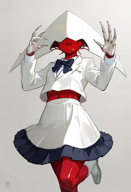 solo, no face, faceless, no eyes, red skin, sharp fingernails, from below, standing on one leg, hands up, pleaded skirt, school uniform, bowtie