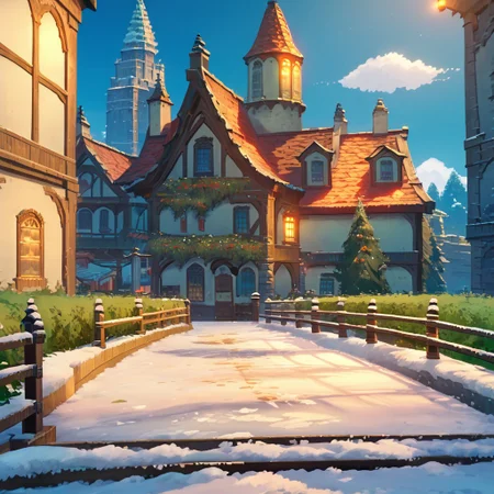 score_9, score_8_up, score_7_up, score_6_up, score_5_up, score_4_up, source_anime, official art, <lora:mondstadt_background-ponyxl-v11h:1>, <lora:snowXLP:1>, city, snow, outdoors, mondstadt, scenery, architecture, outdoors, building, cityscape, house, sky, blue sky, tree, plant, road, bush, railing, lamppost, It is snowy, snow on the ground, snow on the buildings,