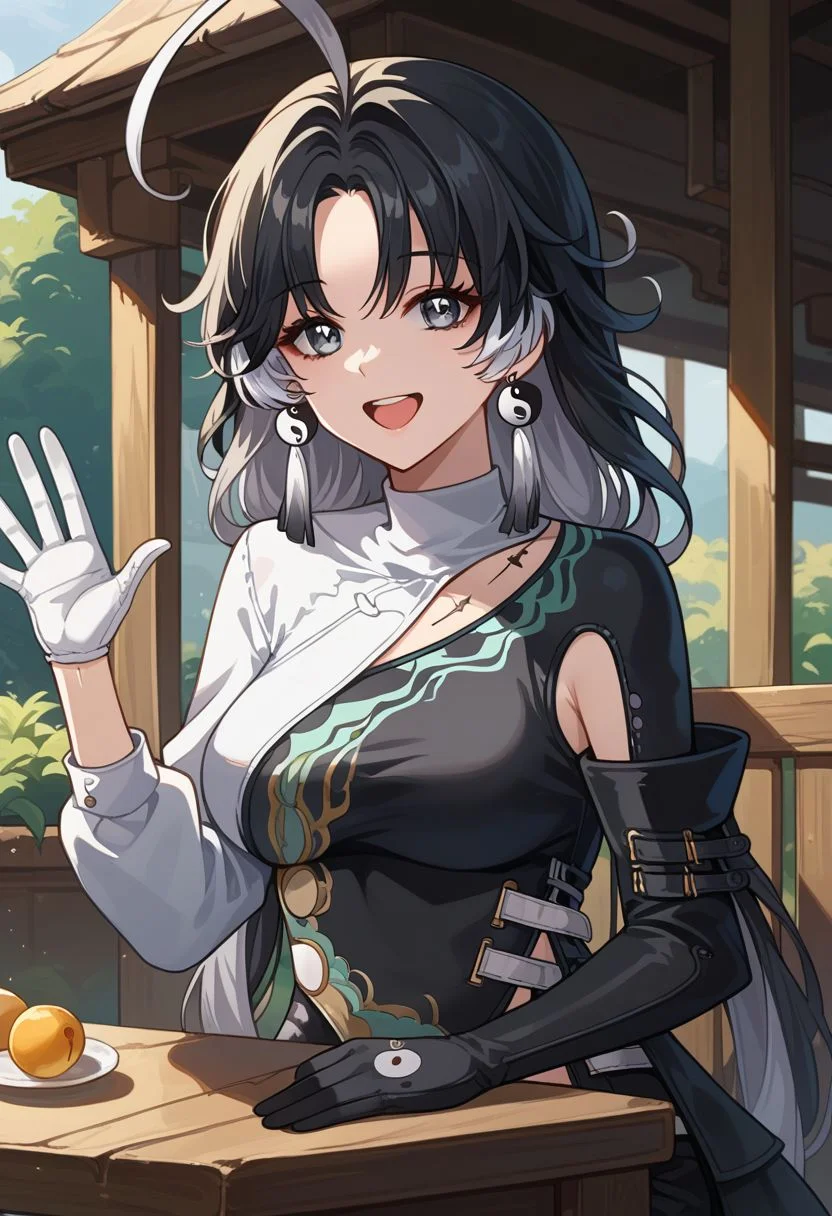score_9, score_8_up, score_7_up, source_anime, 1girl, jianxindef, grey eyes, black hair, white hair, grey hair, multicolored hair, long hair, low twintails, ahoge, earrings, jewelry, yin yang, tassel, medium breasts, long sleeves, dress, chinese clothes, clothing cutout, white gloves, black gloves, asymmetrical gloves, white belt, black shorts, short shorts, bandages, single thighhigh, sitting, chair, table, waving, smile, open mouth, looking at viewer, outdoors, portrait, close-up, upper body, facing viewer, <lora:Jianxin_v1-000010:1>