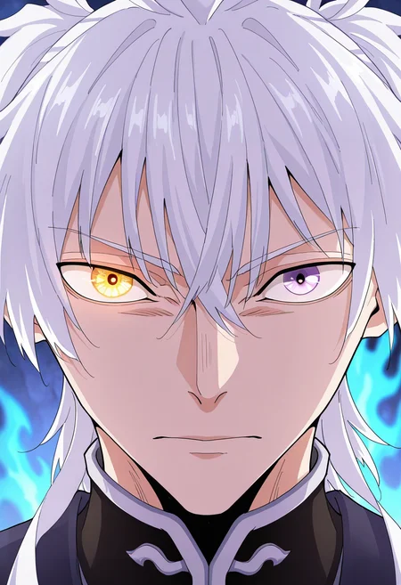 masterpiece, best quality, amazing quality,high resolution,intricate details,official style,depth of field,anime screencap , , , 1boy, solo, male focus,<lora:zhou_yi-fan:0.76>,zhuo-yi fan,white hair,hair tails,heterochromia,glowing one eyes,flame eyes,golden eyes,light purple eyes,looking at viewer,closed up