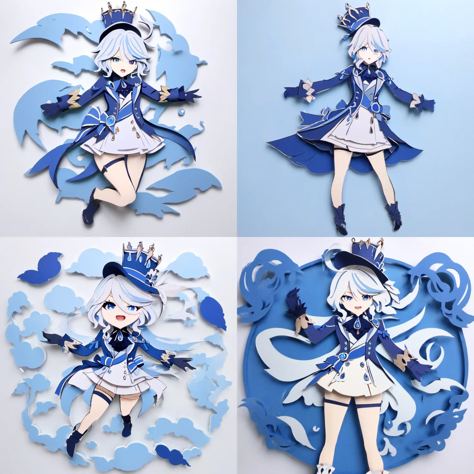 paper-cut,1girl,full body,solo,blue_headwear,looking_at_viewer,white_background,open_mouth,blush,simple_background,tears,hands_on_hips,long_sleeves,blue_jacket,tearing_up,white_gloves,top_hat,ascot,short_hair,white_shirt,flying_sweatdrops,brooch,black_gloves,<lora:paper-cut:1>,<lora:furina_SDXL:1>,