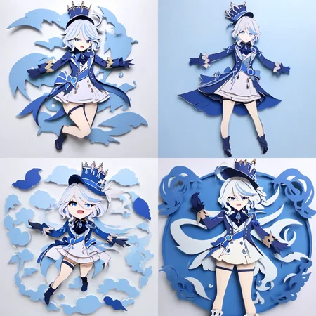 paper-cut,1girl,full body,solo,blue_headwear,looking_at_viewer,white_background,open_mouth,blush,simple_background,tears,hands_on_hips,long_sleeves,blue_jacket,tearing_up,white_gloves,top_hat,ascot,short_hair,white_shirt,flying_sweatdrops,brooch,black_gloves,<lora:paper-cut:1>,<lora:furina_SDXL:1>,