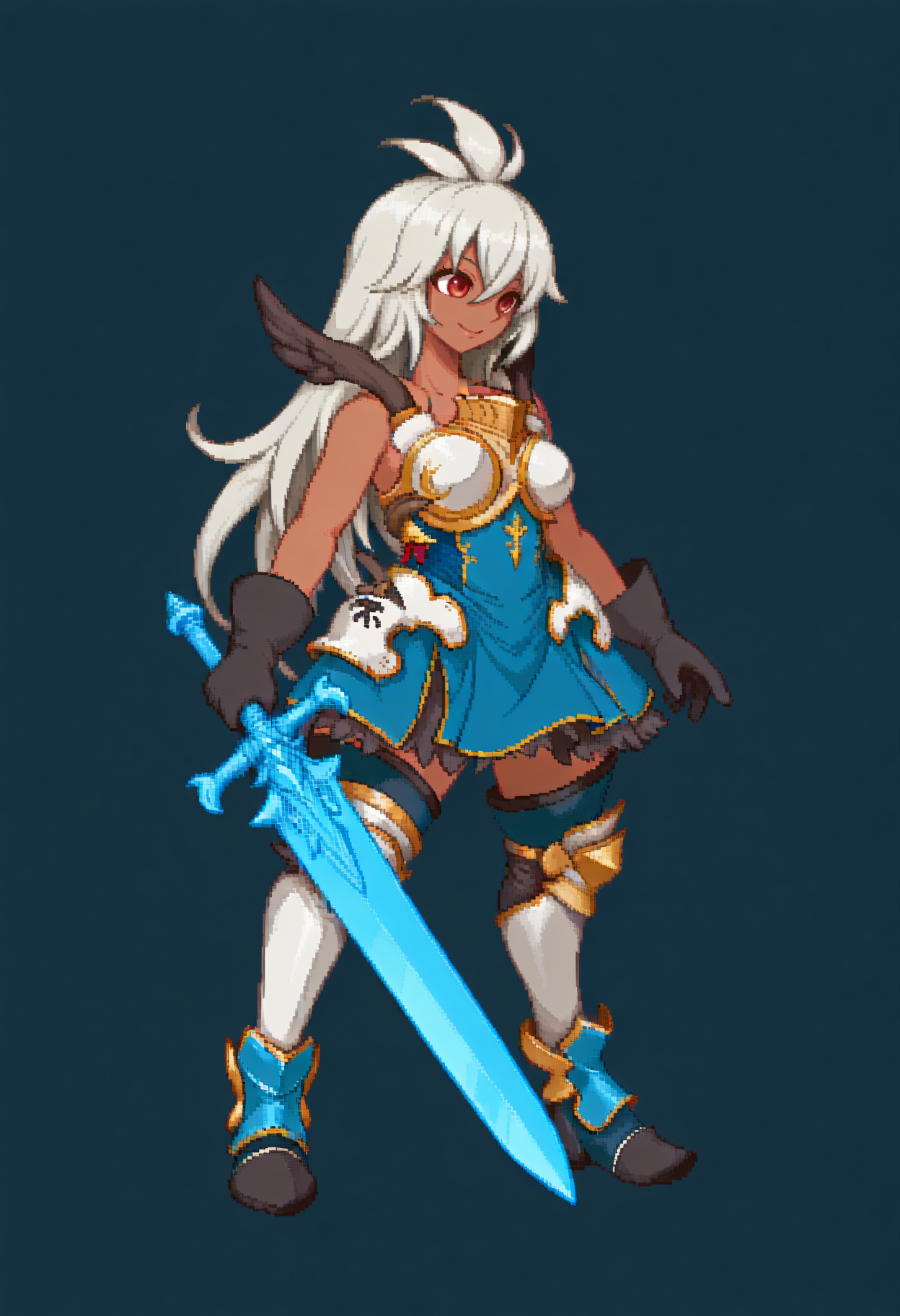 masterpiece, best quality, 1girl, solo, Z00eyBase, red eyes, grey hair, long hair, ahoge, dark skin, armored dress, blue dress, sleeveless, pauldrons, black gloves, waist armor, armored boots, thigh boots, holding sword, smile, pixel art, simple background, full body, <lora:Yoshihiko-illus_Fp:1>, <lora:ChamZooeyNoob:1>