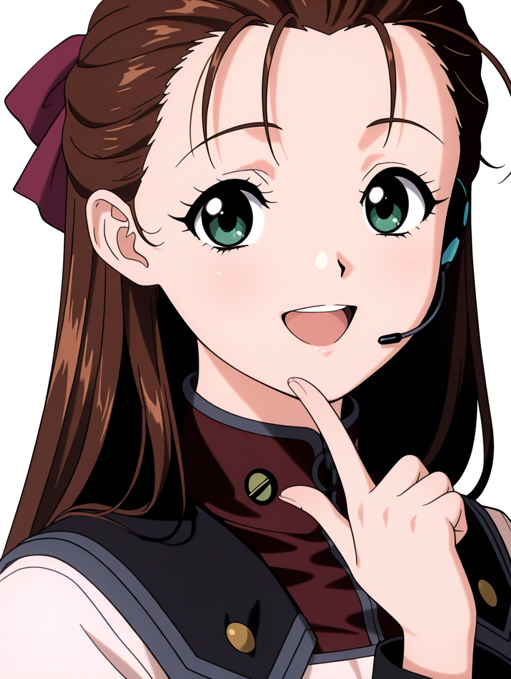 masterpiece,best quality,newest,1girl,solo,
<lora:miho_miho_ilxl_v1.2:1>,miho_miho,green eyes,m_hs,single ear headset,m_clothes,pencil_skirt,
<lora:Fixhands_anime_bdsqlsz_V1:1>,white_background,simple_background,looking_at_viewer,open mouth,smile,finger to own chin,upper_body,portrait,