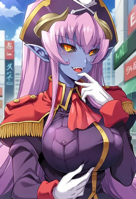 score_9, score_8_up, score_7_up, source_anime, masterpiece BREAK ct_efa, blue skin, pink hair, long hair, large breasts, demon horns, slit pupils, grey sclera, pirate hat BREAK epaulettes, purple uniform, long sleeves, red ascot, white gloves, BREAK looking at viewer, outdoors, city, depth of field, standing, cowboy shot, upper body, smile, hand on chin, open mouth, smug, <lora:Efanatika_Pony_ct:1>