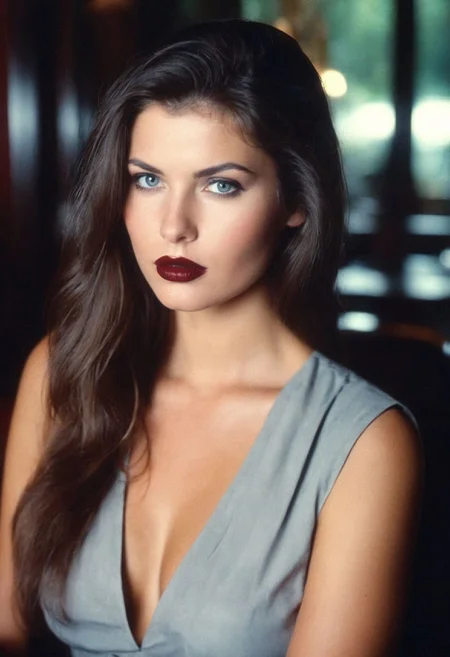 CinematicPortrait woman analog photo brunette (provocative slavic ) masterpiece indoors, (glossy dark lipstick), grey eyes, (restaurant), soft focus, depth of field, film grain, (((looking at viewer))) <lora:CinematicPortraitXL_v3:0.25> <lora:EuroBabe-v4-XL:0.35>