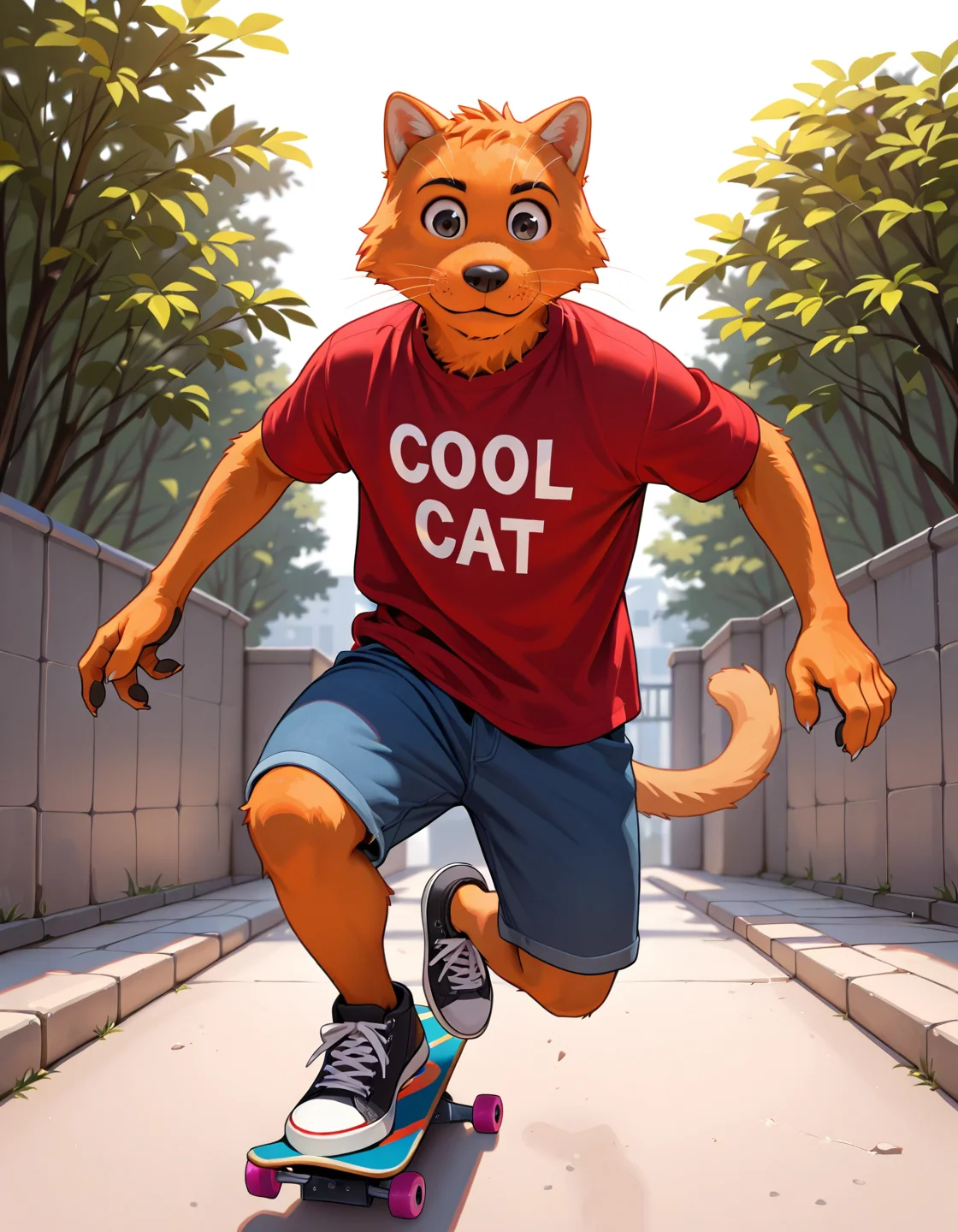 masterpiece, best quality,
c00lc4t, furry male, anthro cat, orange fur, red shirt, t-shirt with "cool cat",
outdoors, skateboarding,
<lora:cool_cat-IL:0.85> Stable_Yogis_Illustrious_Positives