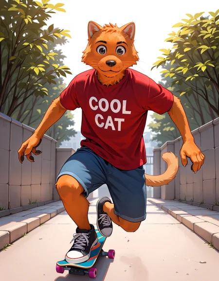 masterpiece, best quality,
c00lc4t, furry male, anthro cat, orange fur, red shirt, t-shirt with "cool cat", 
outdoors, skateboarding,
<lora:cool_cat-IL:0.85>  Stable_Yogis_Illustrious_Positives