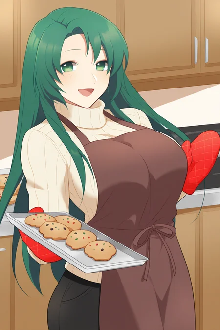 masterpiece, best quality, 1girl, solo, <lora:fececilia-illu-nvwls-v1-000005:1> dfCla, green hair, green eyes, big breasts, beige sweater, black pants, happy, apron, kitchen, holding tray of cookies, oven mitts, looking at viewer, happy