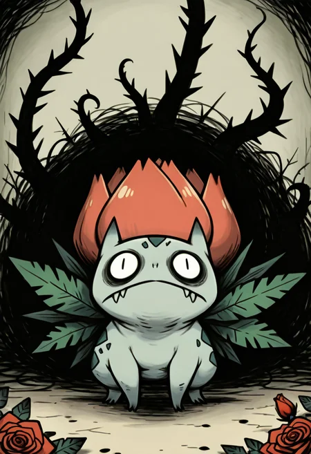 masterpiece, best quality,    <lora:NightmareDex_IXL:1.0>,   ivysaur, evil garden, roses, thorns,