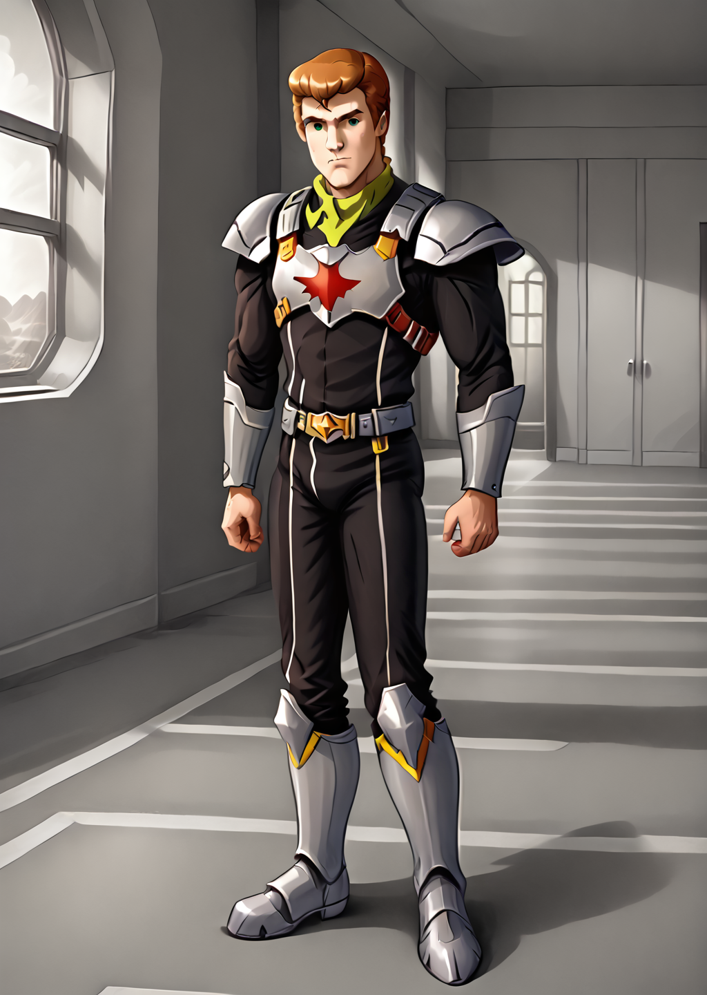rudolf steiner, male focus,  solo, indoors, armor, standing, full body, sci-fi background, scooby-doo art style, <lora:Rudolf_Steiner-000003:0.7> <lora:Scooby-Doo_Art_Style_r2:1>