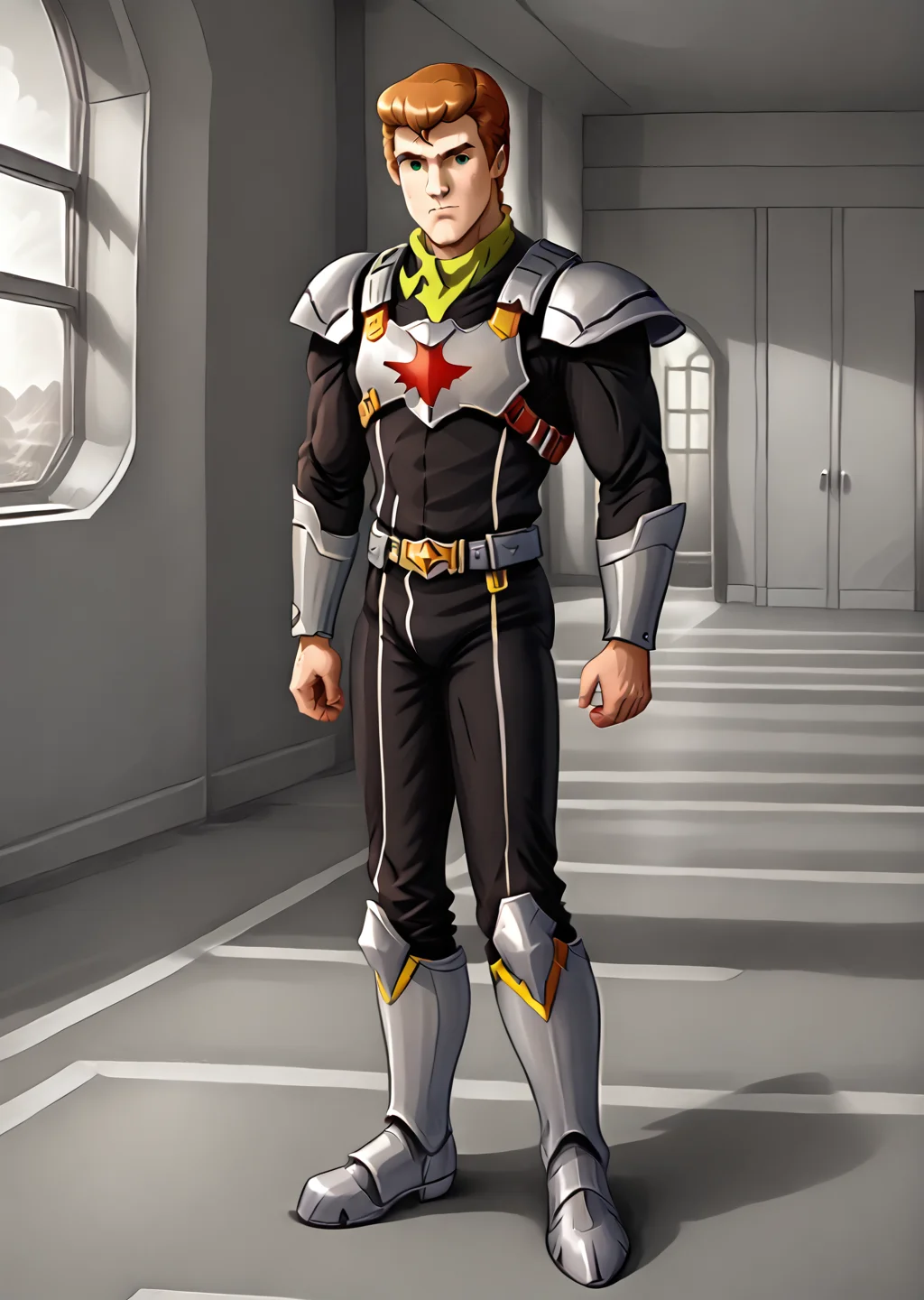 rudolf steiner, male focus,  solo, indoors, armor, standing, full body, sci-fi background, scooby-doo art style, <lora:Rudolf_Steiner-000003:0.7> <lora:Scooby-Doo_Art_Style_r2:1>