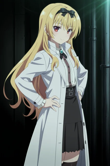 anime screencap, anime coloring, detailed face, perfect fingers, masterpiece, best quality, very aesthetic, absurdres, volumetric lighting,
 <lora:Yue_Arifureta_r1:1>
Yue (character), 1girl, solo, blonde hair, long hair, thighhighs, black bow, hair bow, skirt, black skirt, bow, dark, hairband, white coat, looking at the viewer, smile, cowboy shot, hands on hips