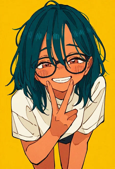 very awa, masterpiece, highres, absurdres, newest, year 2024, year 2023,
1girl, green hair, glasses, leaning forward, flashing a peace sign, foreshortening, all fours, blush, brown eyes, narrowed eyes, half-closed eyes, happy,
messy hair, dark skin, usnr