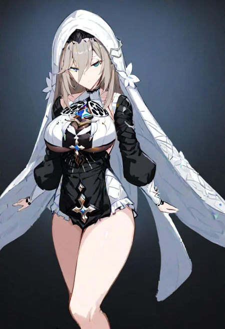 aponia \(honkai impact\), 
(aponia, nun, def clothe), 1girl, breasts, bangs,blue eyes,long hair, hair between eyes, blue butterfly, longsleeves,veil, 
masterpiece, best quality, very aesthetic, absurdres, 1milf, 1adult, solo, full_body, tachi-e,