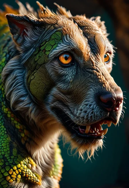 a stunning and highly detailed hybrid creature of Gecko and Irish Wolfhound, photographed in stunning hybrid creature, Gecko, Irish WolfHound, full body, photography, stvmccrr style, extremely detailed, dramatic lighting, HD, depth of field, close-up, trending on ArtStation, close-up, portrait, masterpiece, ((unique reptilian scales, fur texture, intricate details, realistic eyes, teeth, claws, realistic animal features)), volumetric lighting, dramatic shadows, professional photograph, high resolution, stunning composition, trending on Instagram
