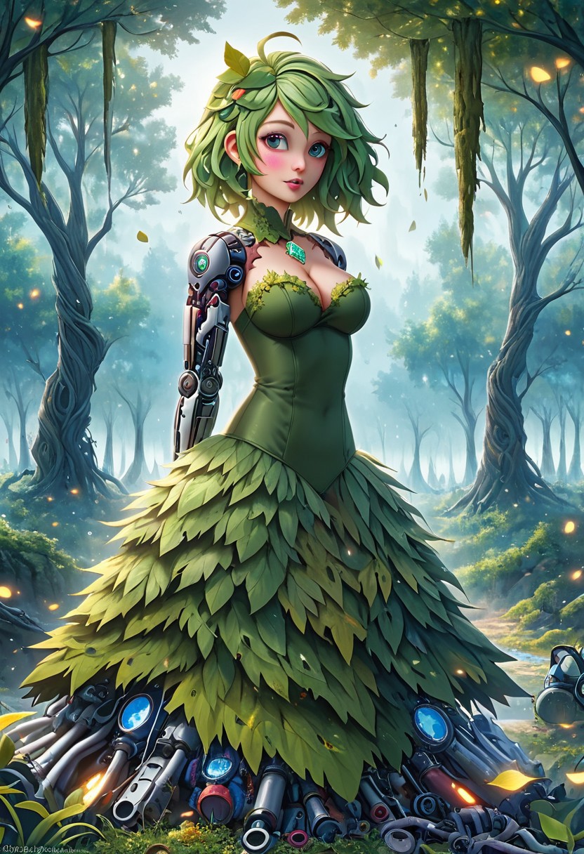 High res, Hyper details, dvr-hgh-fnt, background blooming Forest, 
BREAK,
1girl, Forest nymph with a robotic arm, hairs leaves texture, curvy body, dress made of leaves, hexagon emerald gem, cyborg,
BREAK,
white mechanical bull, moss on back, girl rides animal