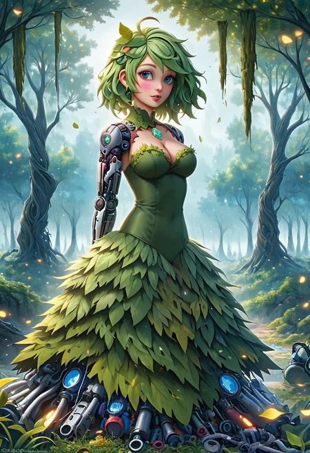 High res, Hyper details, dvr-hgh-fnt, background blooming Forest, 
BREAK,
1girl, Forest nymph with a robotic arm, hairs leaves texture, curvy body, dress made of leaves, hexagon emerald gem, cyborg,
BREAK,
white mechanical bull, moss on back, girl rides animal