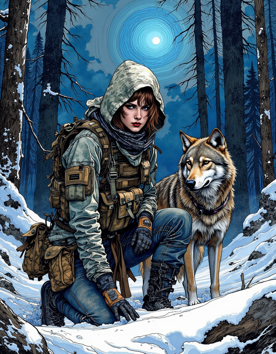 This is a digital artwork created in a mixed media style, blending elements of watercolor and ink.
A rugged female warrior kneels in a dark, snowy forest at dusk, illuminated solely by a dim blue light from above that casts an eerie glow over her and her loyal wolf companion. She wears a tactical outfit layered with worn fabric and protective padding. Multiple tactical pouches are strapped across her chest, waist, and legs. Her hood partially shadows her face, but her intense, smirking expression is visible as she closely examines the snow-covered ground, one gloved hand brushing aside the top layer to reveal hidden tracks or markings. Beside her, the wolf stands alert, his ears perked and eyes focused on the surroundings, adding a sense of vigilance and loyalty to the scene. Snow-covered trees surround them, their tall, dark silhouettes blending into the night, while the cold blue light creates a stark contrast against the surrounding darkness. The scene is filled with solitude and desolation, as if theyâre searching for clues in a hostile, abandoned world. <lora:Illustration_Style_IV-3:0.9>