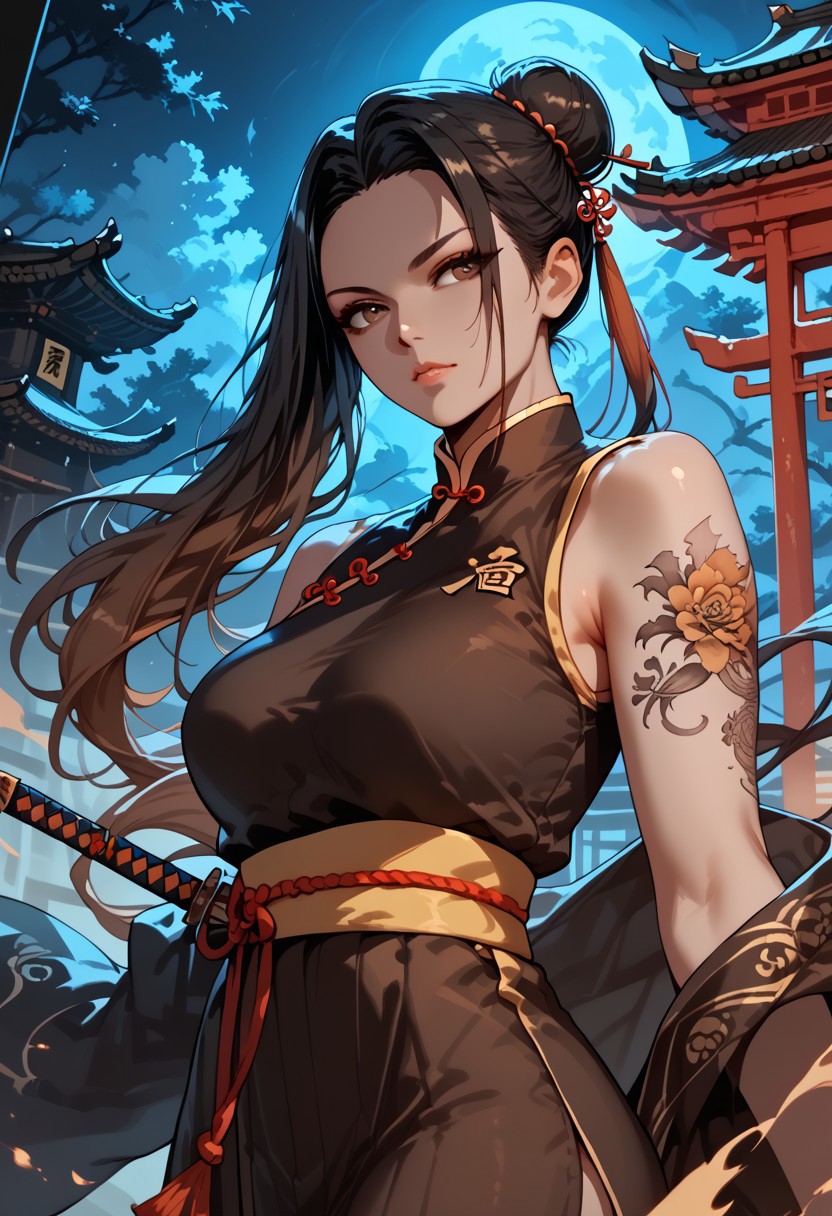 score_9, score_8_up, score_7_up, score_6_up, 1woman, mature woman,Mei, MeiRH,
Very long black hair, brown gradient hair, high hair bun, brown eyes, pale skin, medium breasts,  full right arm tattoo, sleeveless_kimono, Chinese attire, detailed background, chinese temple, tough face, night, dynamic pose,  shadows, posing, Standing, holding a sword, dark light, night,