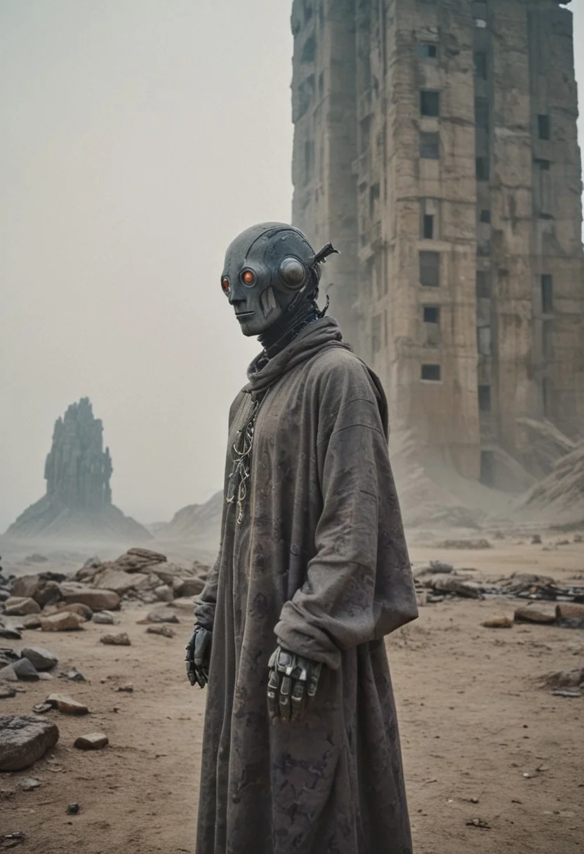 Colour film 35mm 1976, rule of thirds, right, down, monster:0.5 (close-up, portrait of bizarre robotic organism in robe, dark dystopian desert landscape), a giant futuristic building in rock city in the background, liminal space, fog