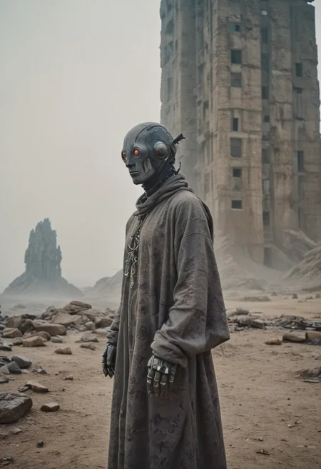 Colour film 35mm 1976, rule of thirds, right, down, monster:0.5 (close-up, portrait of bizarre robotic organism in robe, dark dystopian desert landscape), a giant futuristic building in rock city in the background, liminal space, fog