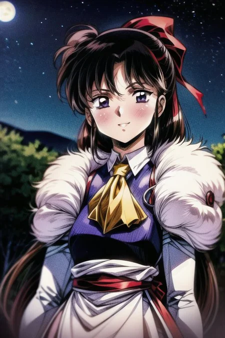 best quality 1girl Setsun4 solo long hair, (night time) forest background black hair very long hair purple eyes multicolored hair armor, small, (fur trim) (medium body),<lora:EMS-179-EMS:0.800000>,<lora:EMS-293862-EMS:0.800000> bow, hair_bow, hair_tubes, red_bow, brown_hair, long_hair, bangs, ascot, frilled_bow, yellow_ascot, blush, smile, hair_between_eyes, athletic, armor, miko, Smiling, happy,