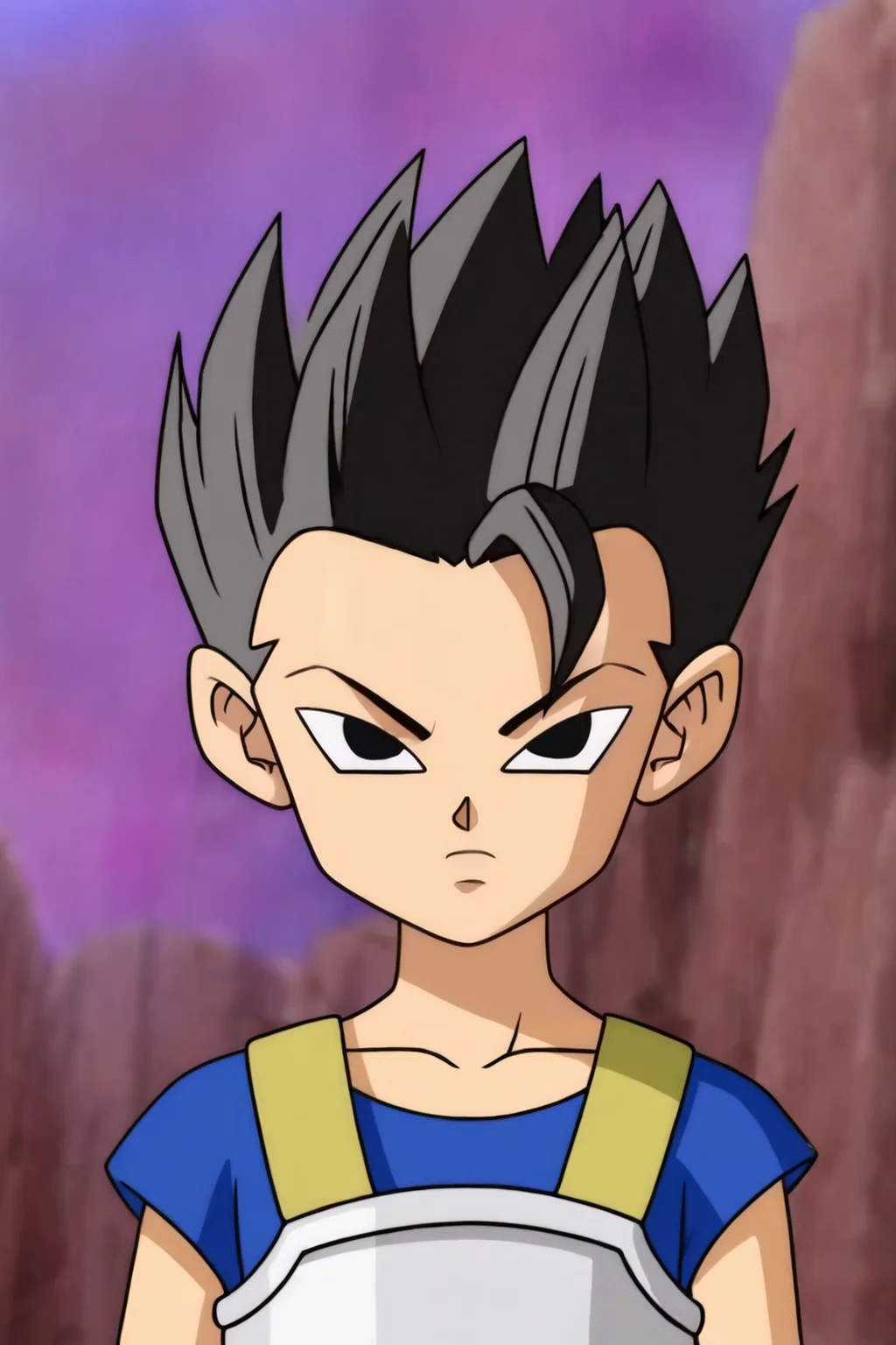 source_anime, score_9, cabba,
solo, looking at viewer, arms by side, black hair, 1boy, upper body, male focus, collarbone, black eyes, frown, official style, blue shirt, short sleeves, spiked hair, saiyan armor, v-shaped eyebrows, v-shaped eyes, blurry background, rock, purple sky
<lora:cabba_pony_v1:0.8>