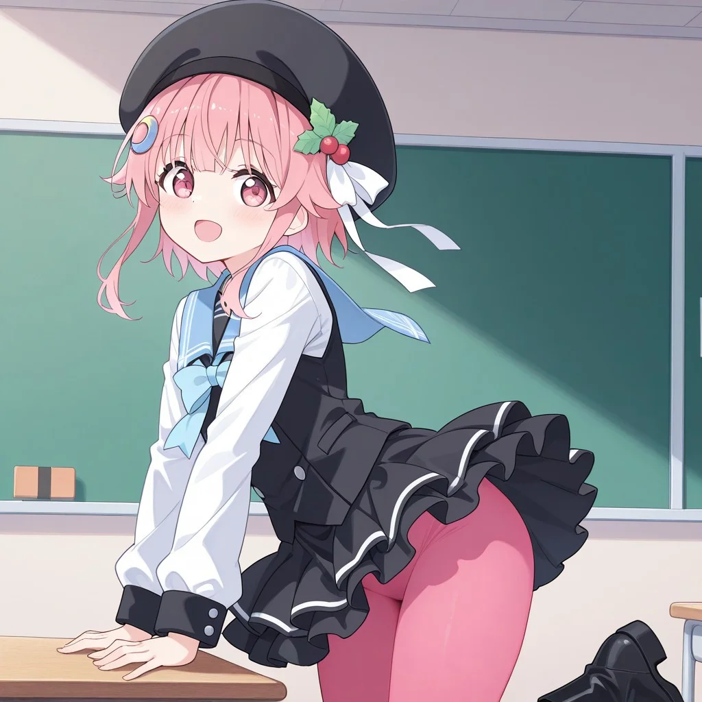 score_9,score_8_up,score_7_up,source_anime,best quality,masterpiece,uncensored, 1 girl solo, long sidelocks, curvy sidelocks, pink eyes, pink hair, petite, Hashino Mizhua_winter uniform, black vest, black headwear, white sleeves, blue chest bow, black and white skirt, pink pantyhose, black boots with white lace, blue sailor collar, hair ornament, berry, blue crescent hair ornament, white ribbons, petite, puff skirt, pink eyes, in classroom, dynamic pose, cowboy shot, happy,
