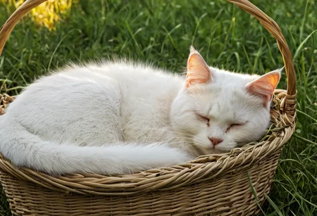 photo of a white cat sleeping in a basket, close-up, detailed fur, warm evening light, depht of field, photorealistic <lora:mobile:0.8>