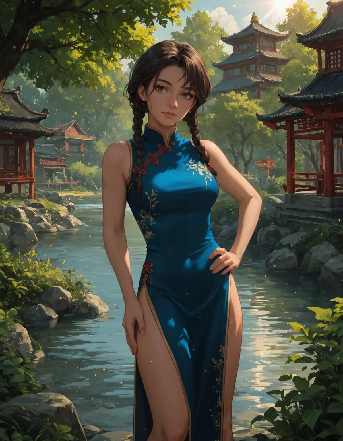 score_9, score_8_up, score_7_up, score_6_up, source_anime, masterpiece,
hair, twin braids, china dress, china, outdoors, village, tree, river, pelvic curtain, light particles, sunbeam, hand on own hip, head tilt, lens flare, from side,