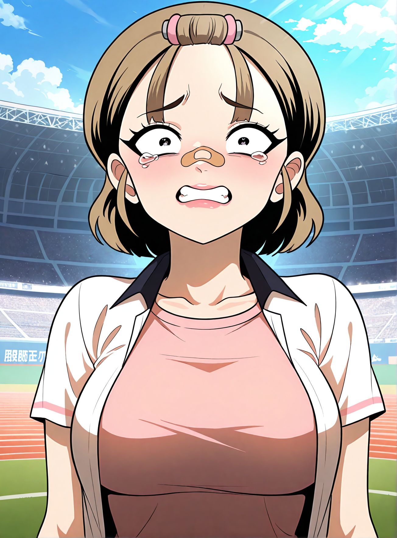 masterpiece,best quality,anime coloring,anime screenshot,
<lora:add-detail-xl:0.5>
<lora:Plaything:1>PlaythingV1,
hair roller, son_sister, tearing up, 
Short bob cut,hair roller,
 dot pupil,white shirt, open shirt,pink t-shirt,lips, 
1girl,brown hair,breasts,teeth, outdoors, 
solo,large breasts,Band-Aid on the nose,
short hair,	stadium,
shirt,day,