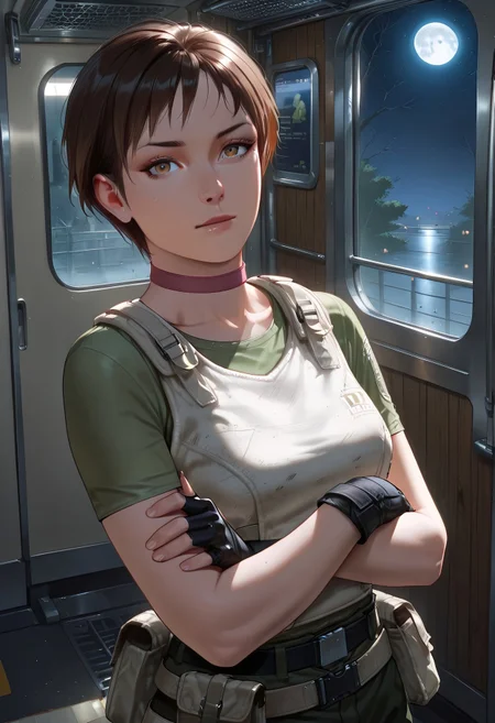 safe_pos, masterpiece, best quality, BREAK, dynamic angle, 1girl, solo, rebeccacre, brown hair, short hair, pink choker, vest, green shirt, perky breasts, belt, pouch, fingerless gloves, arms crossed, looking at viewer, train interior, wood walls, old interior, detailed scenery, nighttime, moon light