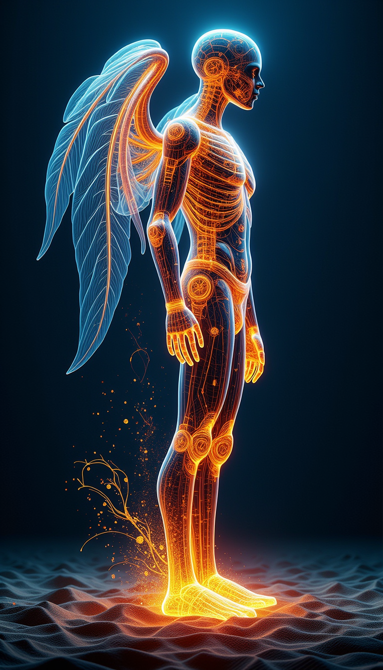 (transparent:0.3), XRayStyle, Olive (3D render of a mechanical peacock in the desert, metallic textures, rusty and weathered, vibrant colors, orange and blue, sunset lighting, sandy dunes in the background, still, detailed, high quality, intricate design, futuristic, steampunk elements, cybernetic, posed as if spreading its feathers, majestic, artistic, dynamic shadows, cinematic:0.6)