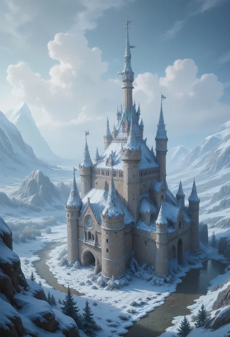 A grand city, magnificent towers, high-quality backdrop, birds eye view, a sprawling futuristic castle inspired by 1980s themes, synthpunk, vaporwave, neon, perfection style, ultra realistic, hyper realistic, photo-realistic, photo, snowing, blizzard, winter, a cold winter storm stirring the snow in the air around the sky,