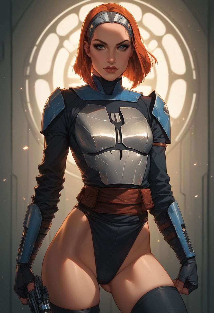 score_9, score_8_up, score_7_up, western cartoon, Expressiveh, volumetric lighting, dramatic lighting, g0thicPXL, fFaceDetail, ultra detailed, beautiful face, beautiful eyes, Bo-Katan Kryze, star wars, (small breasts:1.5), (skimpy armor), (sexy pose:1.5), (looking at viewer:1.5), (sci fi city), (blue ambient lighting), (panties), (thigh highs), (boots), (fight stance:1.5), (confident expression:1.5)