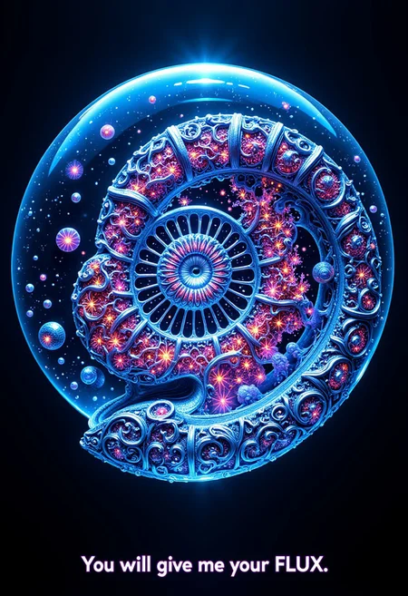 A photo of chambered Nautilus with glowing neon flowing inside and ambre floating underwater at night, wireframe, transparency, glass, intricate light, intricate artwork masterpiece, golden ratio, trending on artstation, highly detailed. shell is metallic. mtlartCE_style. Several hypnotically patterned nautili. aidmatextimprover. Text at bottom that reads "You will give me your FLUX..."